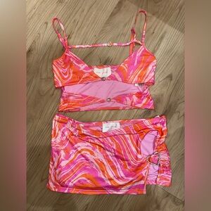 Vibrant Y2K Pink and Orange Swirl OPEN bling heart Skirt Set with matching top